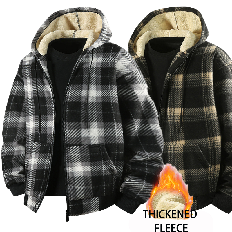 Mens Fashion Clothes - Jaket Kemeja Kotak-kotak Berlapis Fleece Kasual